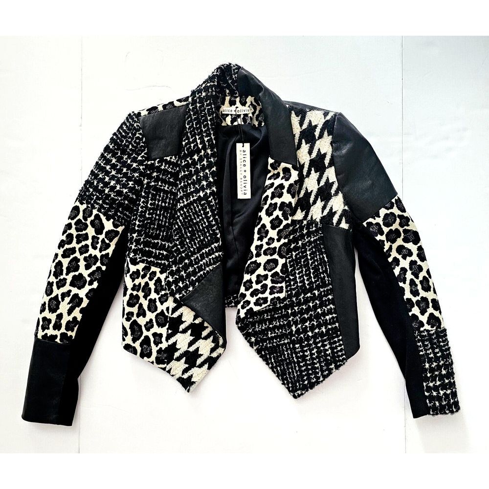 Alice + Olivia Small Harvey Cropped Tweed Leather Leopard Jacket Patchwork NWT
